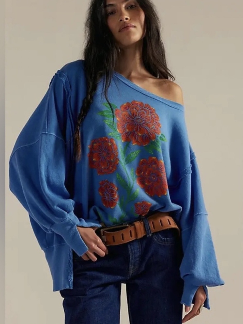 Free People We The Free Graphic Camden Pullover in Blue Floral Print NWT